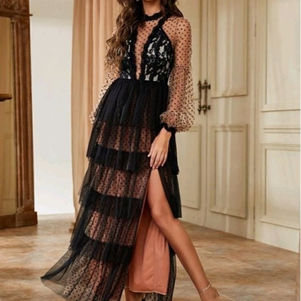 BLACK POLKA DOT SHEER, LACE, SPECIAL EVENT MAXI